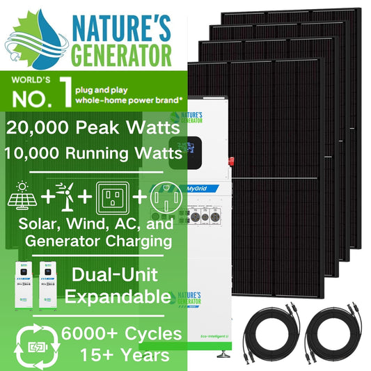 Nature's Generator power system with solar panels and batteries on a white background