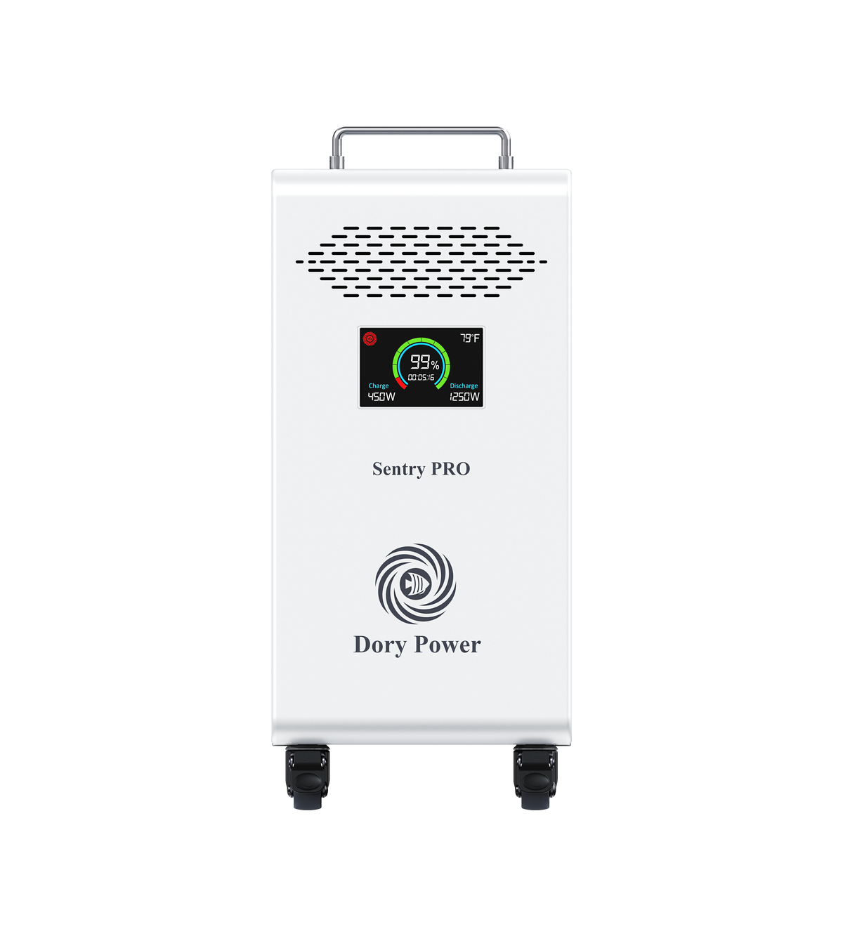 A white Sentry PRO portable power station by Dory Power, featuring a digital display screen, ventilation grilles, a top handle, and caster wheels, shown against a plain white background.