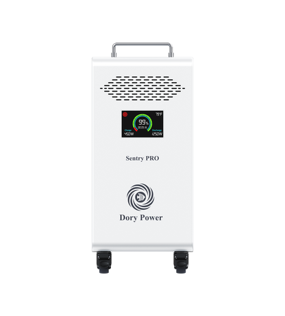 A white Sentry PRO portable power station by Dory Power, featuring a digital display screen, ventilation grilles, a top handle, and caster wheels, shown against a plain white background.