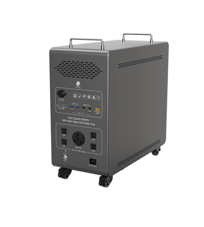 A portable power station with a dark gray metallic finish, featuring dual top handles, caster wheels, ventilation grilles on the sides, and a detailed control panel on the back showing various ports and outlets.