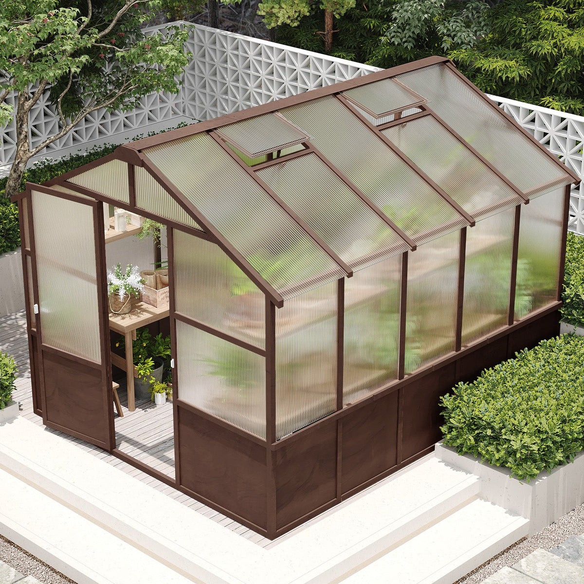 Brown greenhouse with transparent roof and sides on a patio