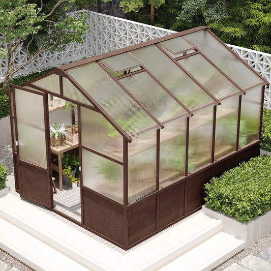 Brown greenhouse with transparent roof and sides on a patio