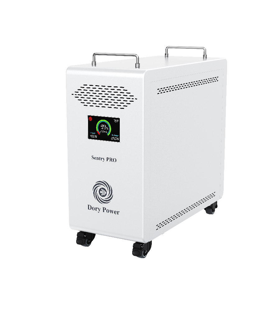 A white portable power station with dual metal handles, a digital display screen on the front, and black caster wheels, shown on a plain white background.