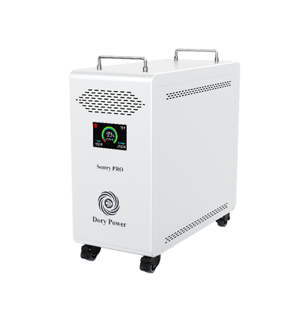 A white portable power station with dual metal handles, a digital display screen on the front, and black caster wheels, shown on a plain white background.