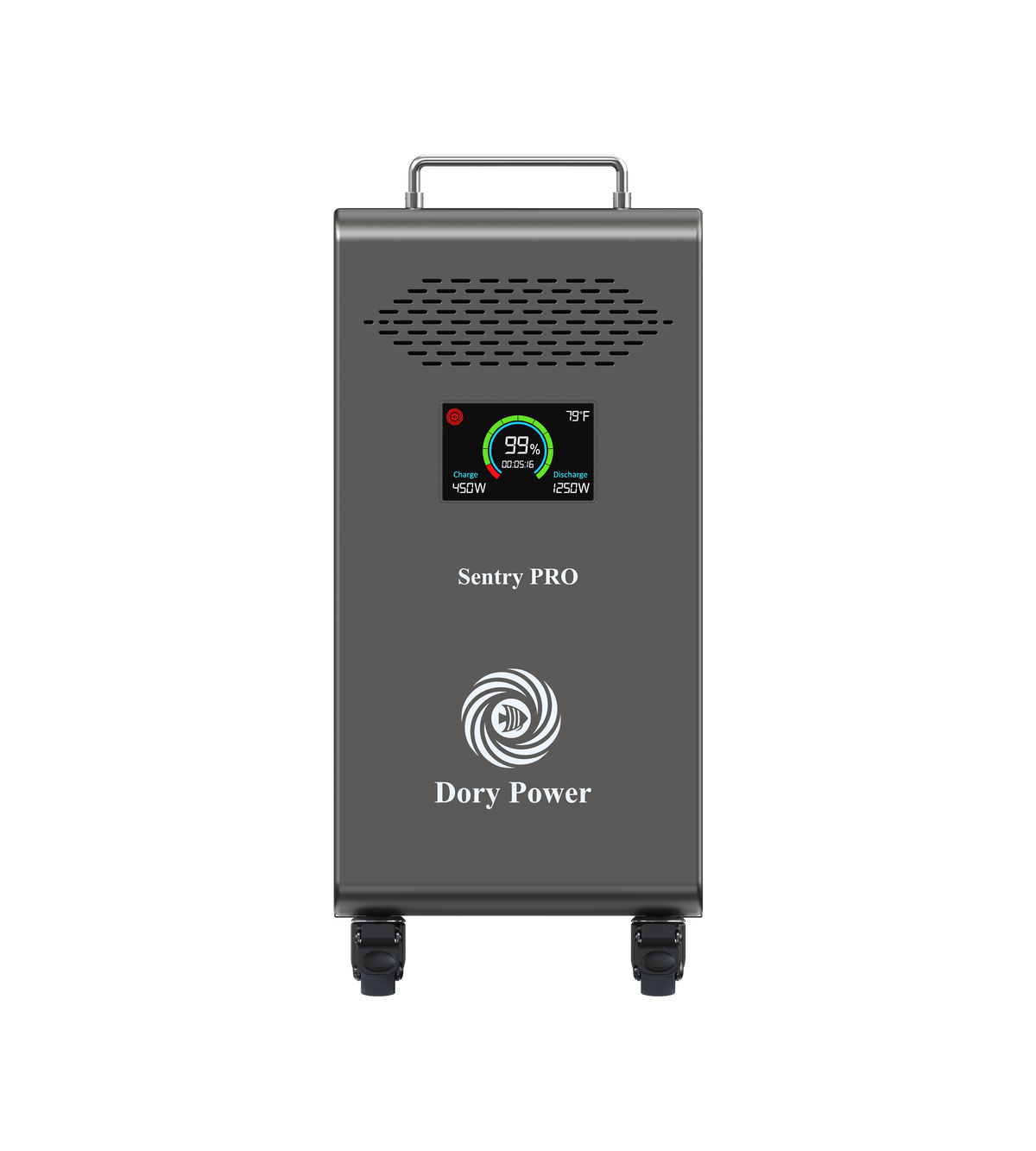 A Sentry PRO portable power station by Dory Power, featuring a dark gray metallic chassis, a top handle, caster wheels, a front digital display screen, and the brand logos printed on the front, shown against a plain white background.