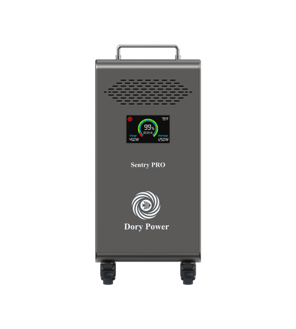 A Sentry PRO portable power station by Dory Power, featuring a dark gray metallic chassis, a top handle, caster wheels, a front digital display screen, and the brand logos printed on the front, shown against a plain white background.