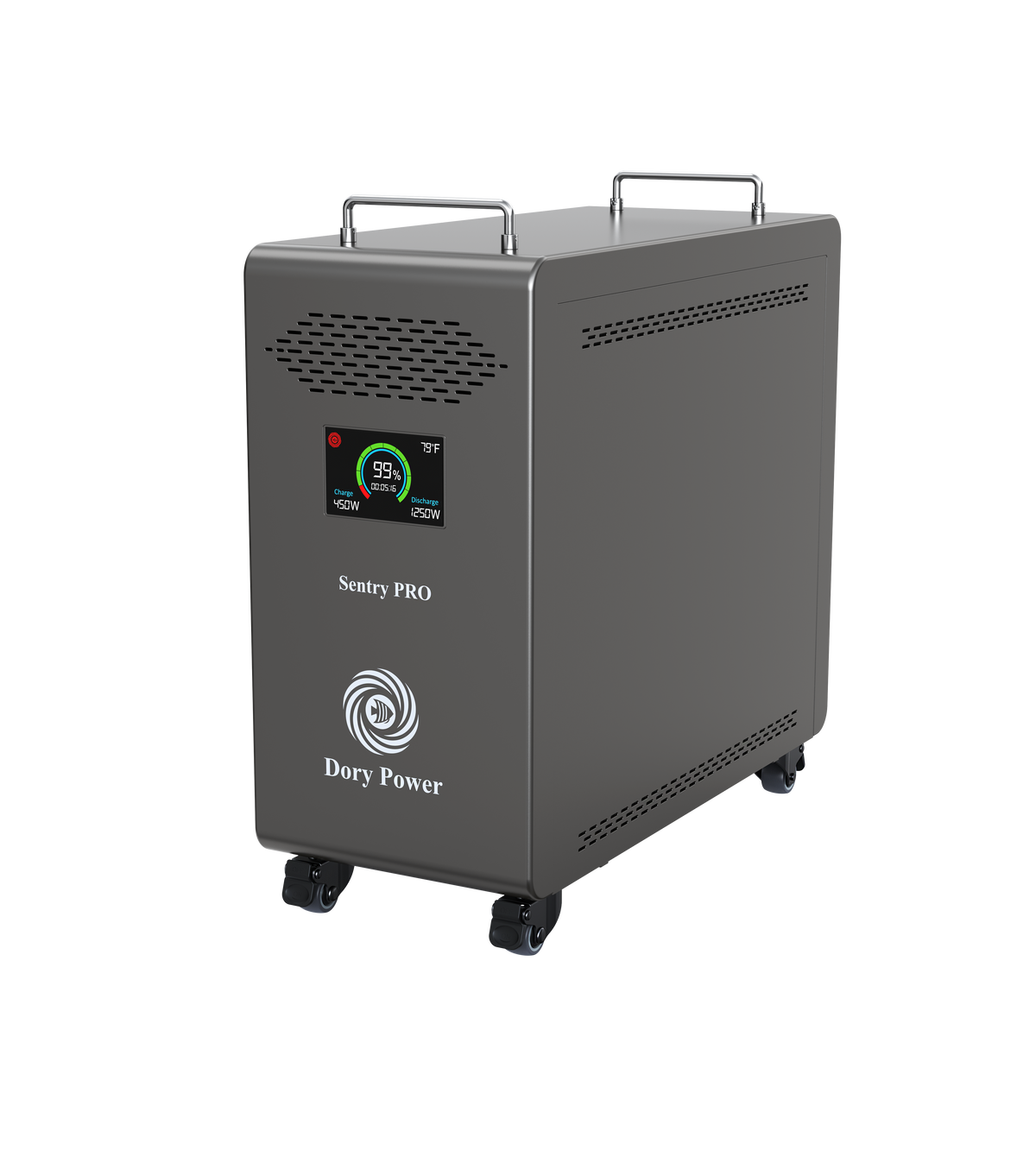 A dark gray portable power station with a digital display screen on the front, labeled 'Sentry PRO' and 'Dory Power', featuring top handles and caster wheels, shown on a solid white background.