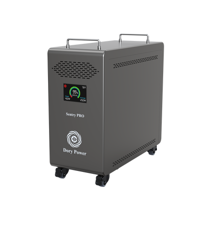 A dark gray portable power station with a digital display screen on the front, labeled 'Sentry PRO' and 'Dory Power', featuring top handles and caster wheels, shown on a solid white background.