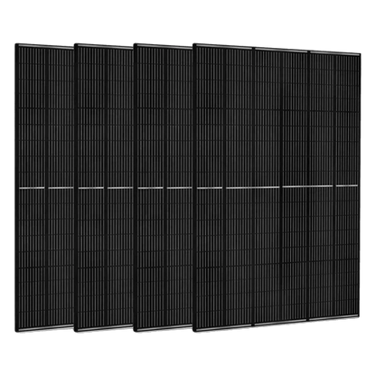 Five black solar panels arranged in a row on a white background