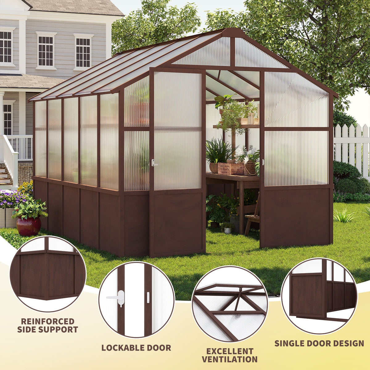 Brown greenhouse with features highlighted on a beige background