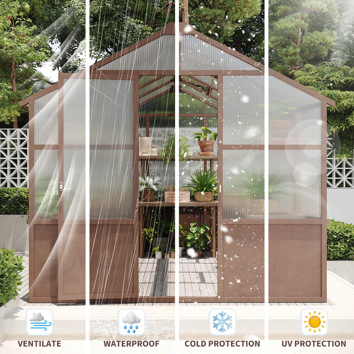 Wooden greenhouse with rain, snow, cold, and sun protection features.