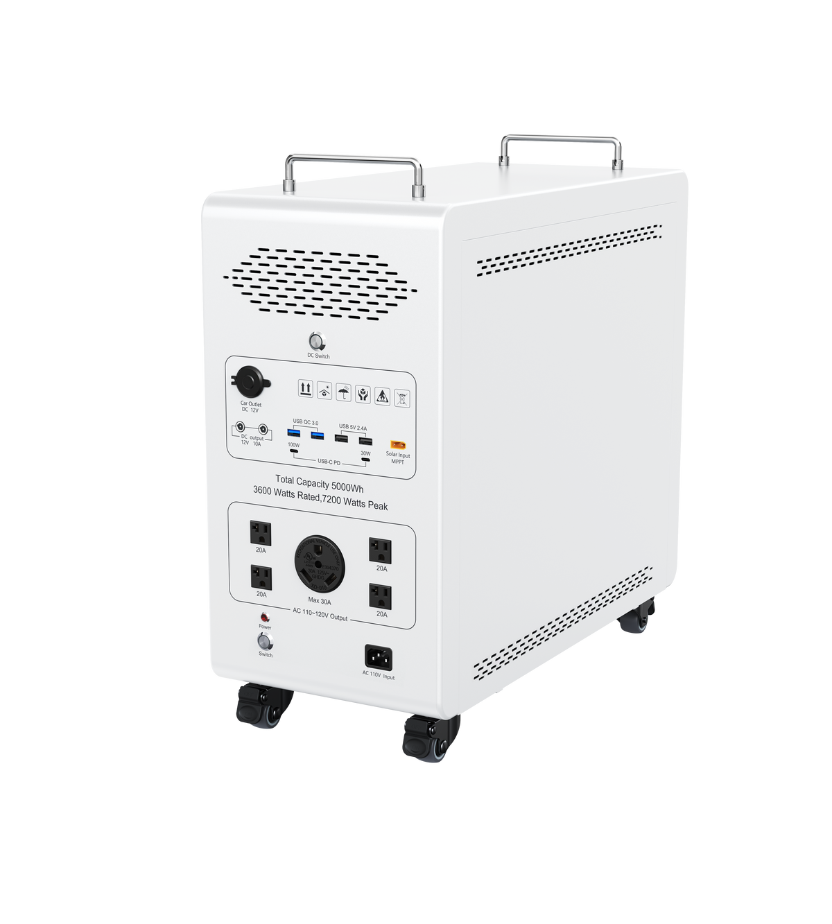A white portable power station with dual metal handles, mounted on black caster wheels, shown from a three-quarter angle against a solid white background.
