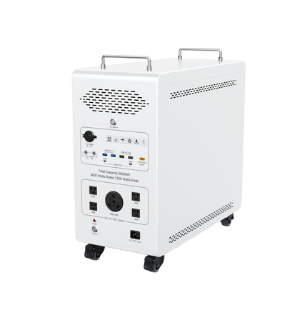A white portable power station with dual metal handles, mounted on black caster wheels, shown from a three-quarter angle against a solid white background.