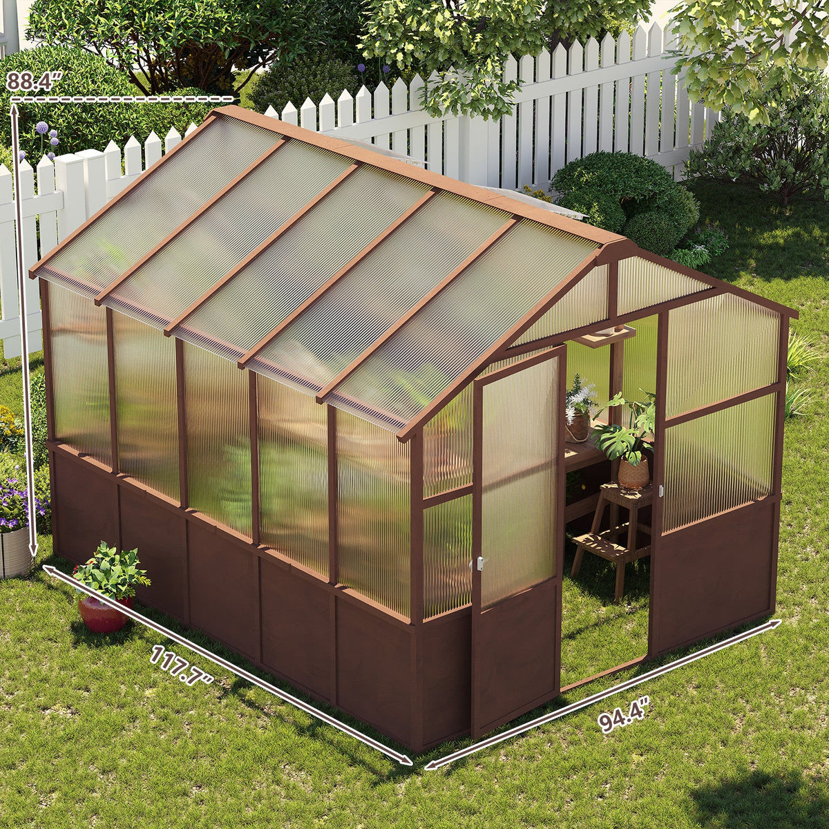 Brown greenhouse with transparent roof on a grassy area