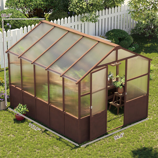 Brown greenhouse with transparent roof on a grassy area