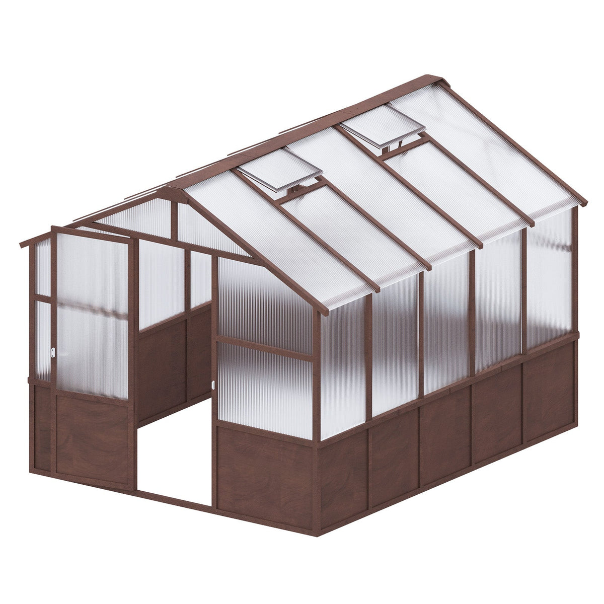 A brown-framed greenhouse with translucent corrugated panels and two skylight windows, shown on a plain white background.