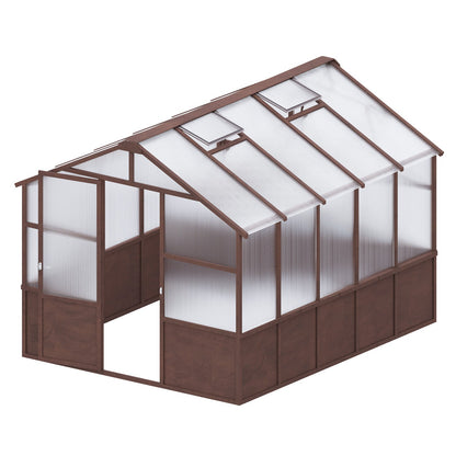 A brown-framed greenhouse with translucent corrugated panels and two skylight windows, shown on a plain white background.
