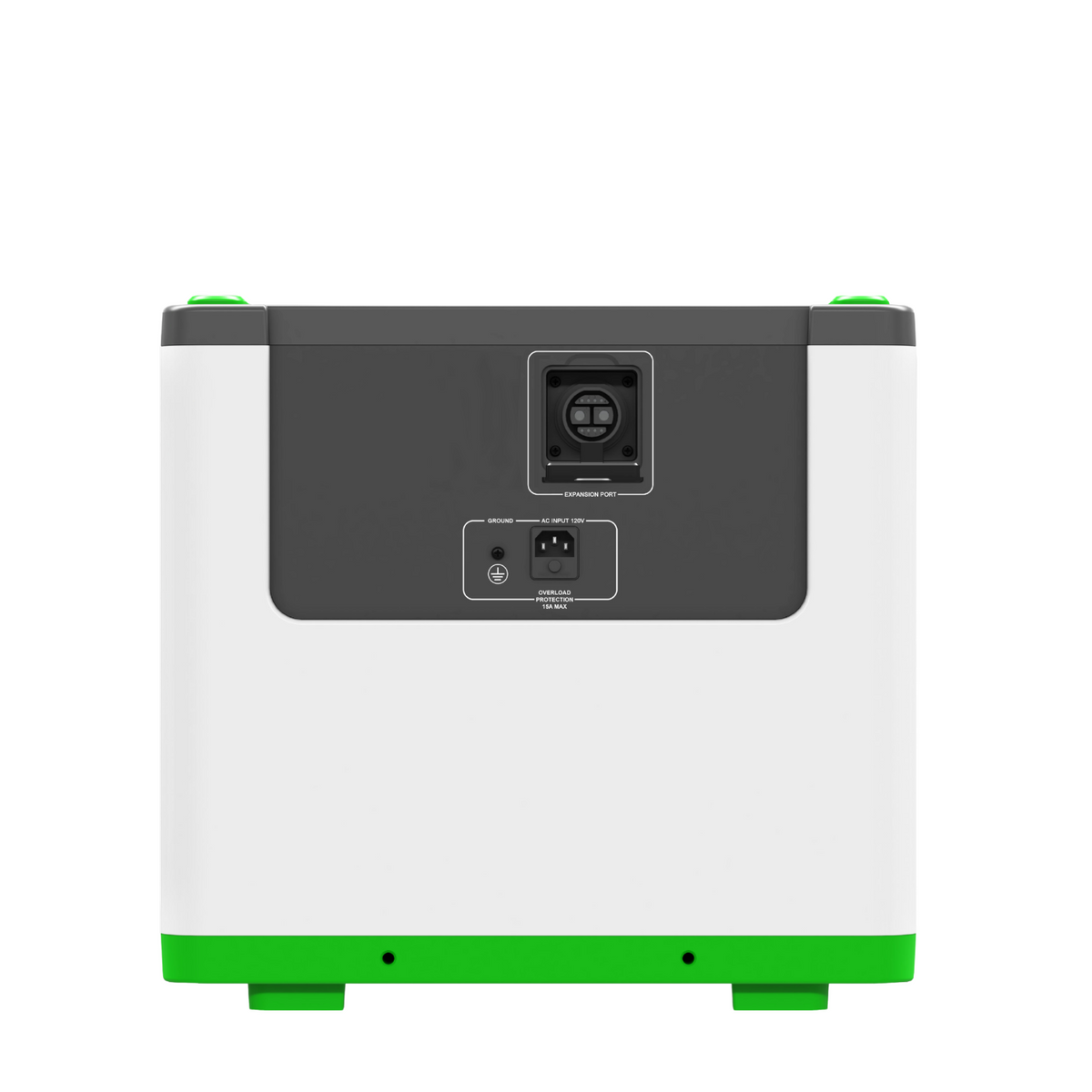 The rear view of a compact rectangular device with a white body, a dark gray back panel, and bright green accents at the base and top corners, shown on a plain white background.