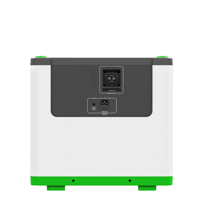 The rear view of a compact rectangular device with a white body, a dark gray back panel, and bright green accents at the base and top corners, shown on a plain white background.