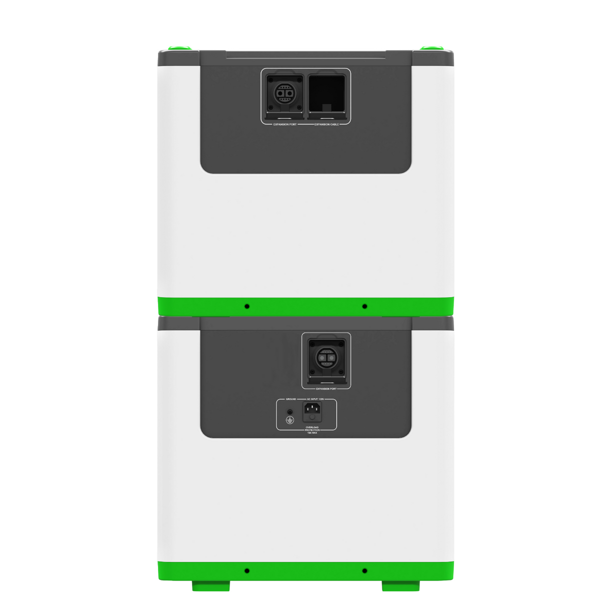 The rear view of a stacked two-battery lithium iron phosphate (LFP) power station, featuring a white body with dark gray panels, green accent stripes, and multiple electrical input/output ports.