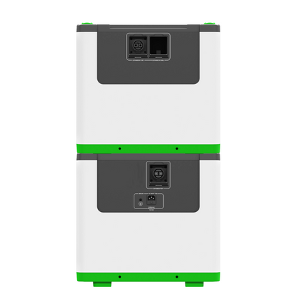The rear view of a stacked two-battery lithium iron phosphate (LFP) power station, featuring a white body with dark gray panels, green accent stripes, and multiple electrical input/output ports.