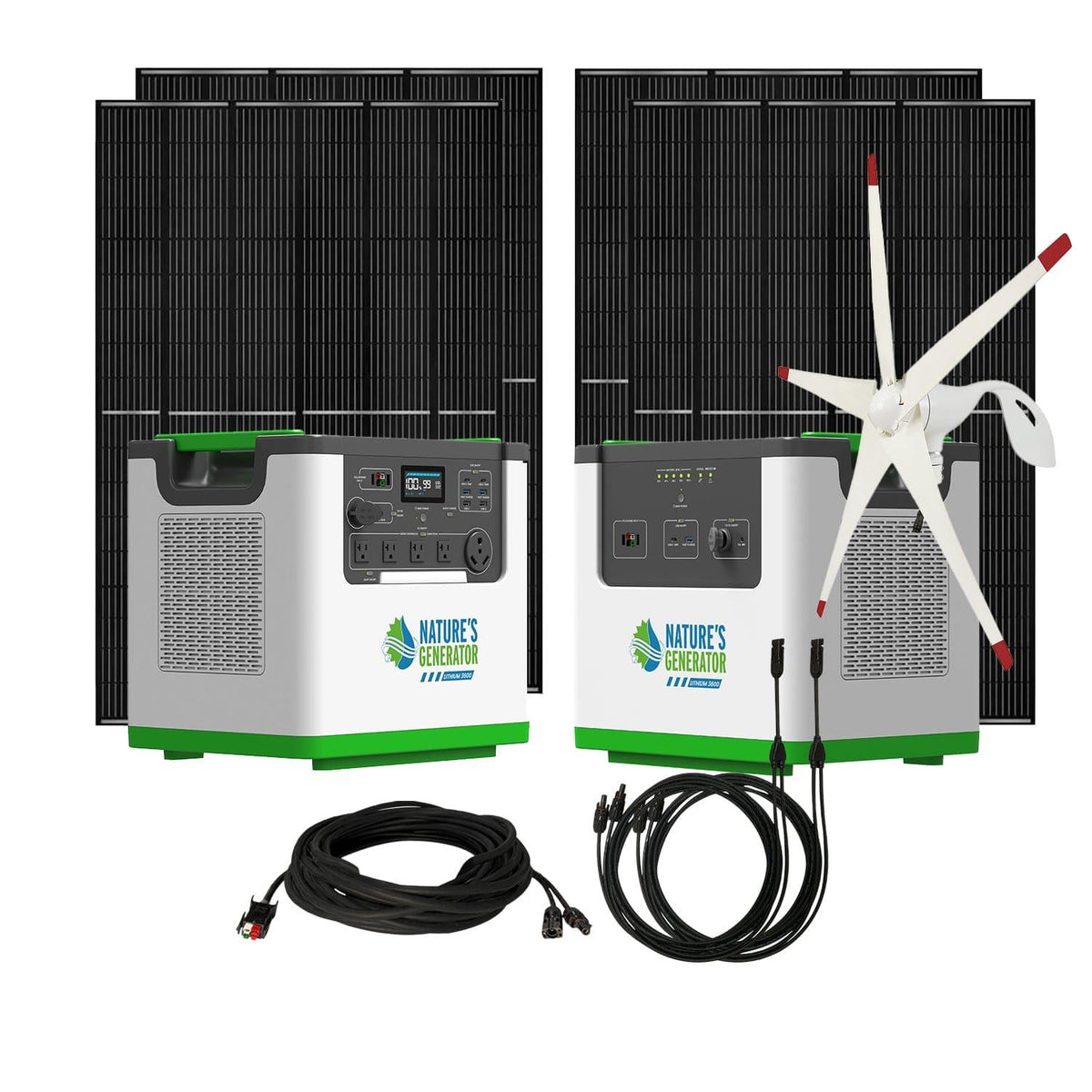 Solar panels, battery storage system, and wind turbine on a white background
