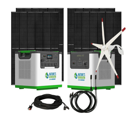 Solar panels, battery storage system, and wind turbine on a white background