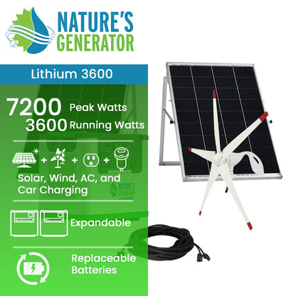 Nature's Generator Lithium 3600 power system with solar panel and wind turbine on a white background