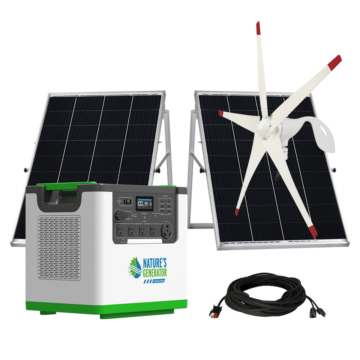A solar power kit featuring two solar panels, a white and green portable generator, a white wind turbine, and a black connecting cable, all displayed against a solid white background.
