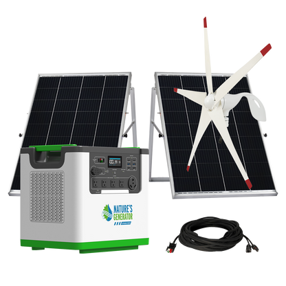 A solar power kit featuring two solar panels, a white and green portable generator, a white wind turbine, and a black connecting cable, all displayed against a solid white background.