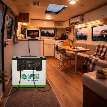 Portable power station labeled 'Nature's Generator' in a compact living space with furniture and appliances.