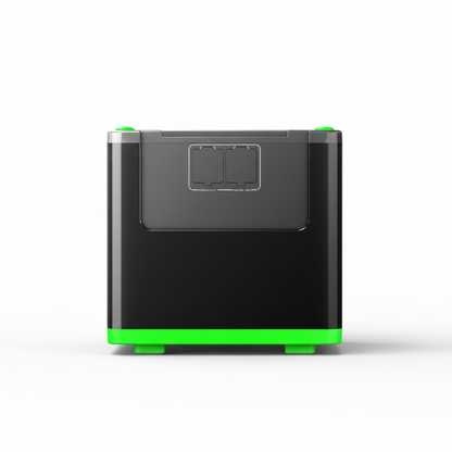 Black rectangular device with green accents on a white background