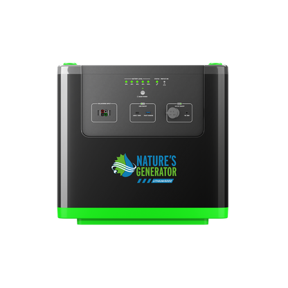 Nature's Generator portable power station with a black faceplate, green base, and green accents, featuring multiple ports and LED indicators on a white background.