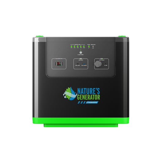 Nature's Generator portable power station with a black faceplate, green base, and green accents, featuring multiple ports and LED indicators on a white background.