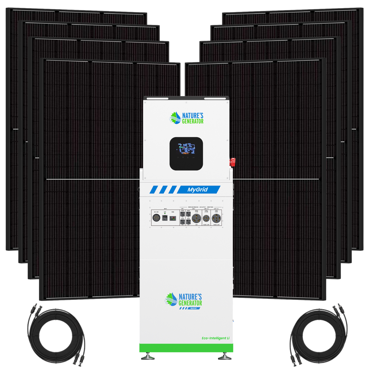 A solar power system bundle featuring multiple black solar panels arranged in two stacks behind a central white and blue Nature's Generator MyGrid Eco-Intelligent Inverter, with two black cable reels at the bottom on a white background.