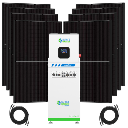 A solar power system bundle featuring multiple black solar panels arranged in two stacks behind a central white and blue Nature's Generator MyGrid Eco-Intelligent Inverter, with two black cable reels at the bottom on a white background.