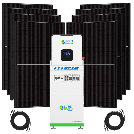 A solar power system bundle featuring multiple black solar panels arranged in two stacks behind a central white and blue Nature's Generator MyGrid Eco-Intelligent Inverter, with two black cable reels at the bottom on a white background.