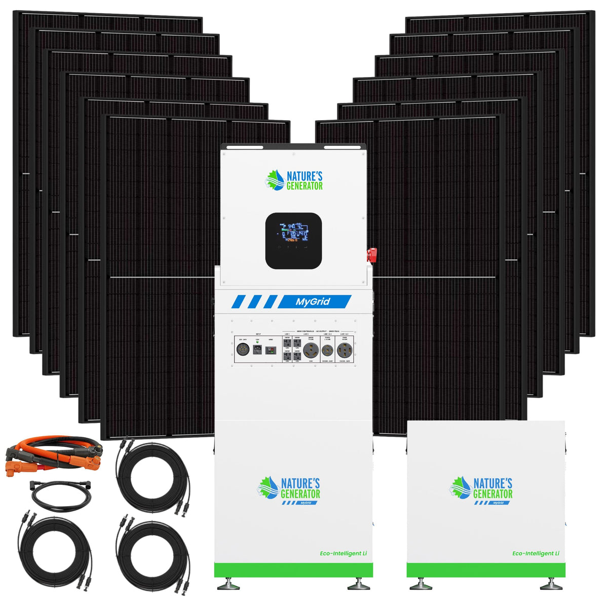 Solar panel system with multiple panels and a power station labeled 'Nature's Generator' on a white background.