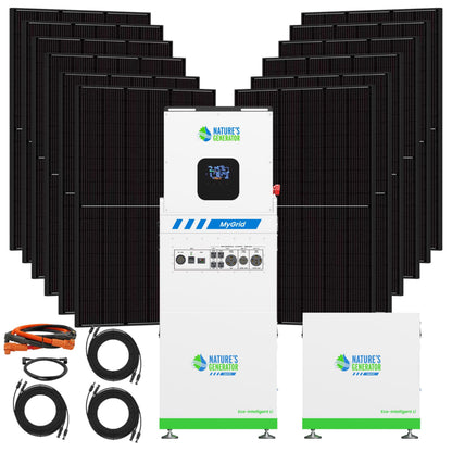 Solar panel system with multiple panels and a power station labeled 'Nature's Generator' on a white background.