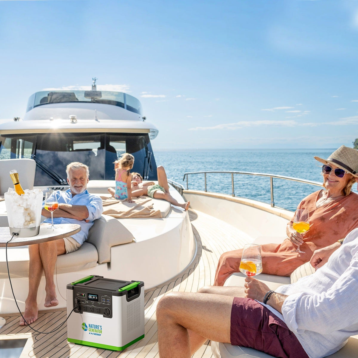 People enjoying a sunny day on a boat with a portable power station.