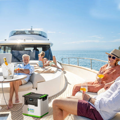 People enjoying a sunny day on a boat with a portable power station.