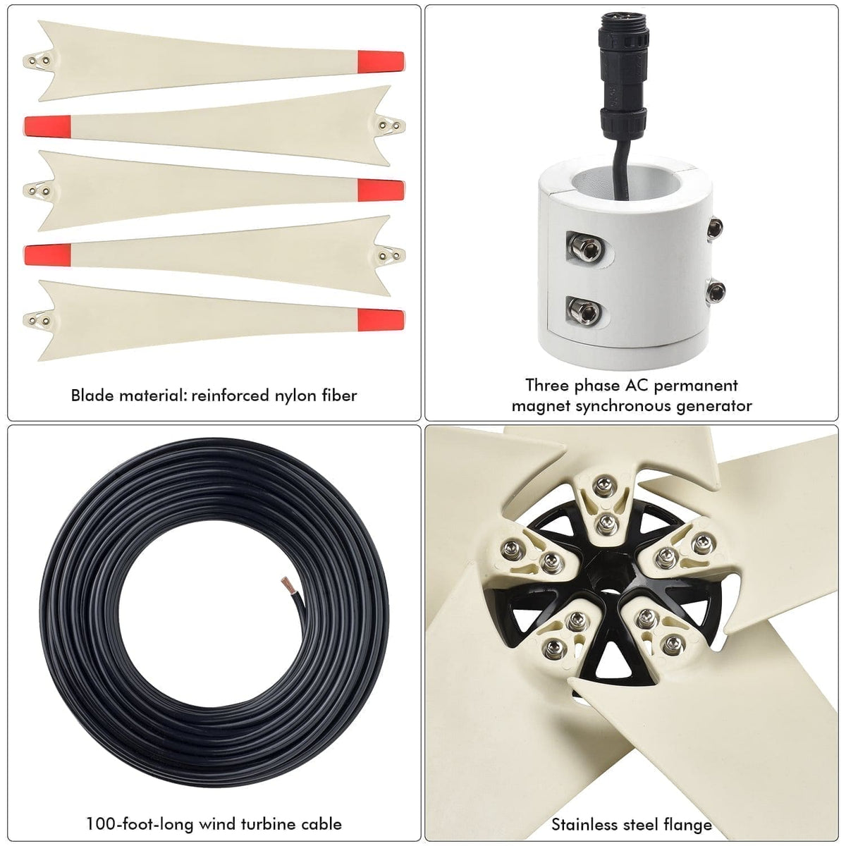 Collage of wind turbine components including blades, generator, cable, and flange.