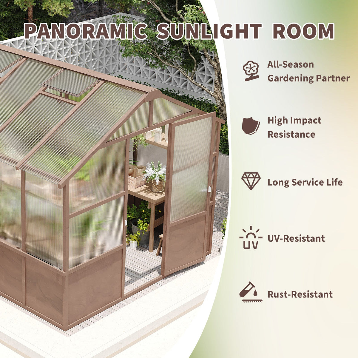 Panoramic sunlight room with gardening setup, featuring text on its benefits.
