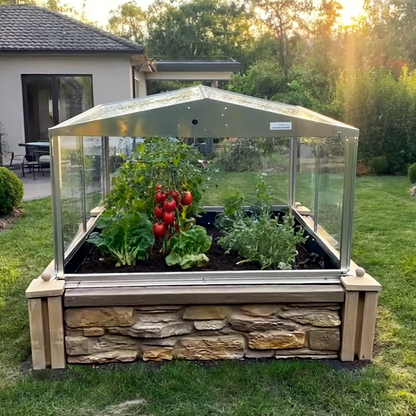 Glass greenhouse with stone base containing plants in a garden setting