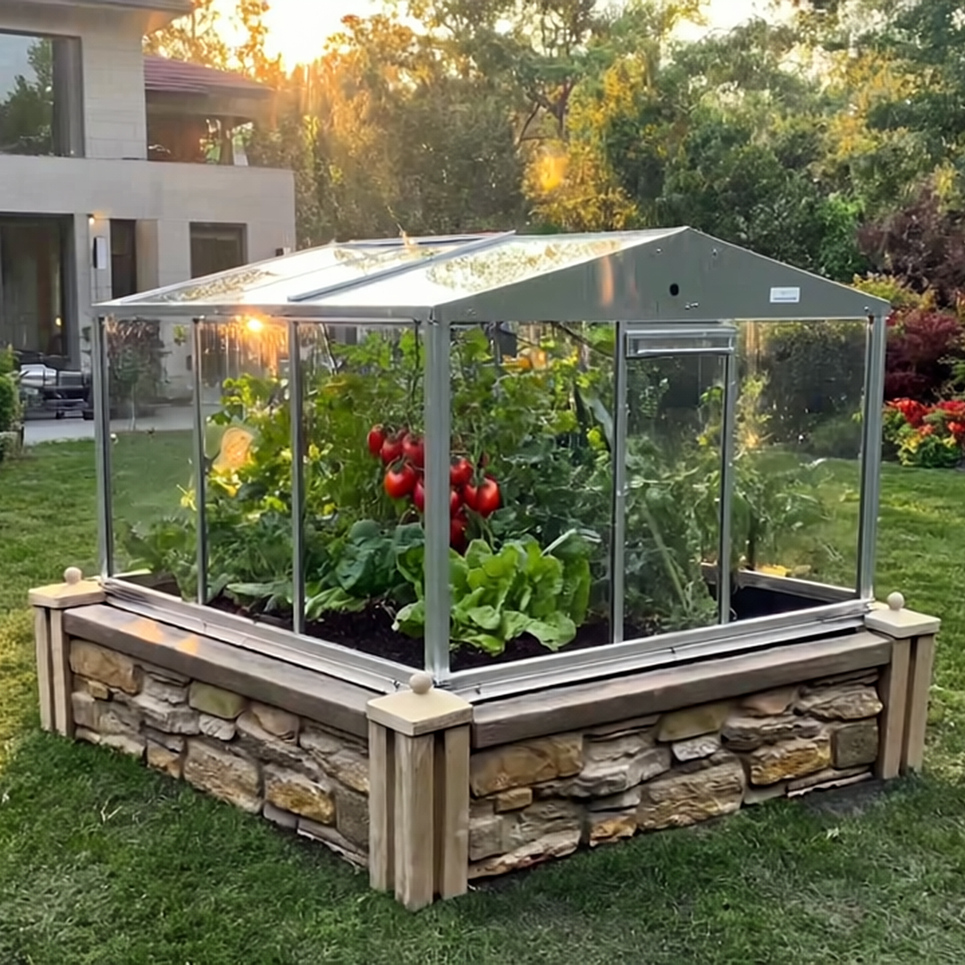 Greenhouse with plants and vegetables in a garden setting