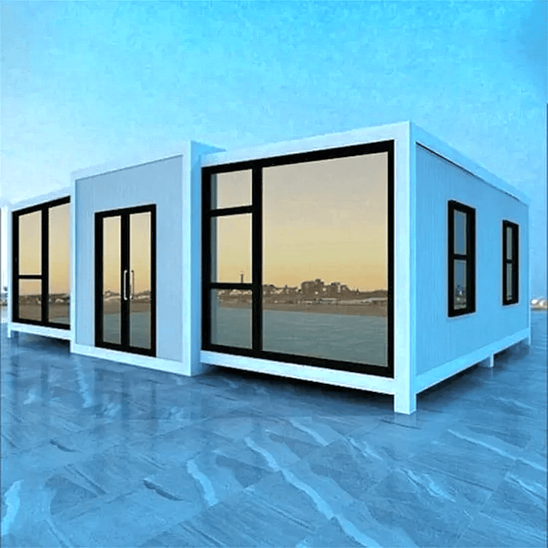 Modular building with large windows on a blue background